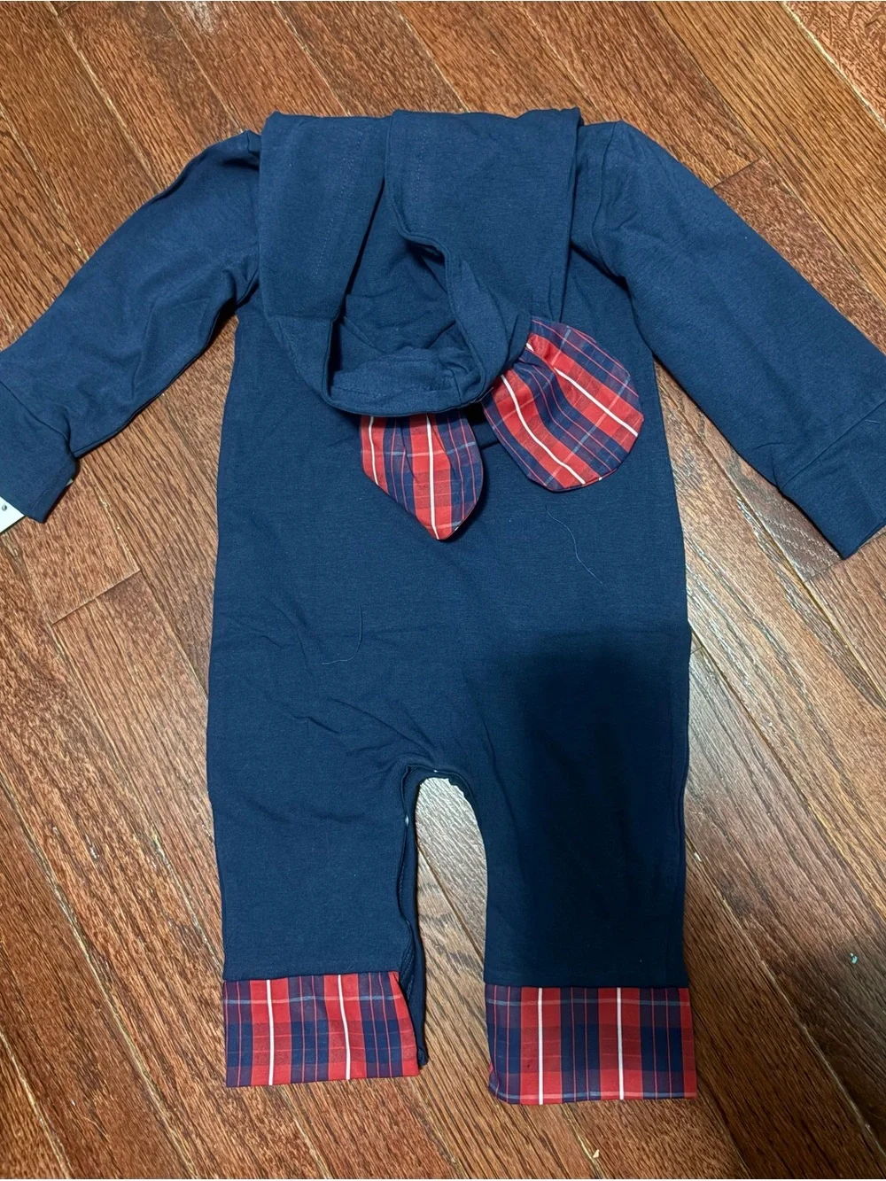 Ann Loren Navy One-Piece with Red Plaid Hood & Pocket